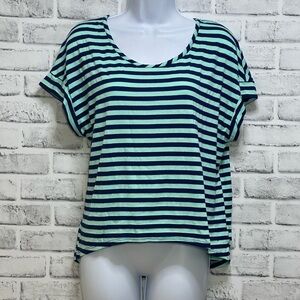 Green Envelope High/Low Teal Dark Blue Cuff Sleeve Stripe T-Shirt Medium